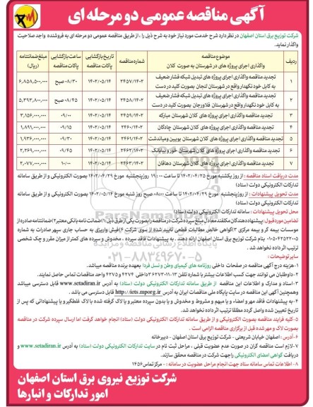مناقصه واگذاری اجرای پروژه های در شهرستان به صورت کلان ...