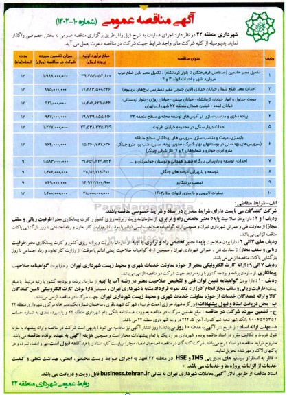 مناقصه تکمیل معبر خادمین....