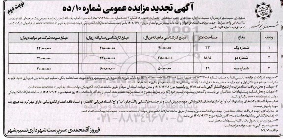 تجدید مزایده اجاره مغازه های جنب آتش نشانی ـ نوبت دوم