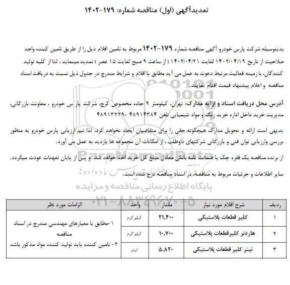 تمدید مناقصه کلیر قطعات پلاستیکی و ...