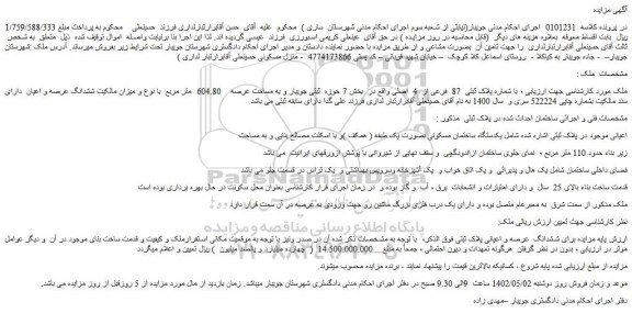 مزایده فروش ملک با شماره پلاک ثبتی 87 فرعی از 4 اصلی