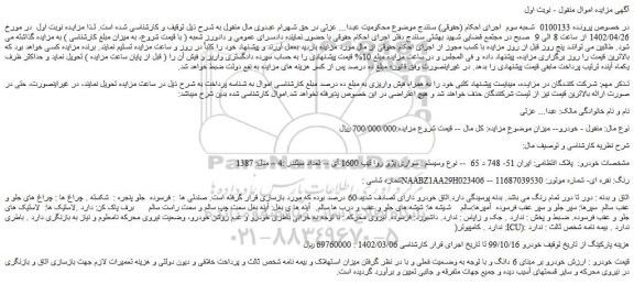 مزایده فروش خودرو  سواری پژو روا تیپ 1600 آی - تعداد سیلندر :4 – مدل: 1387