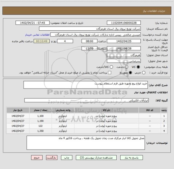 استعلام خرید انواع پیچ ومهره طبق فرم استعلام پیوست