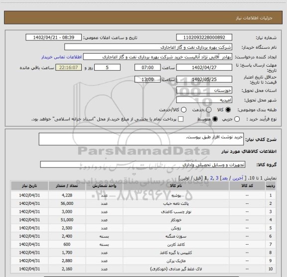 استعلام خرید نوشت افزار طبق پیوست.