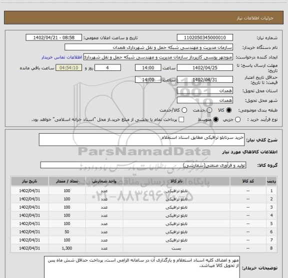 استعلام خرید سرتابلو ترافیکی مطابق اسناد استعلام
