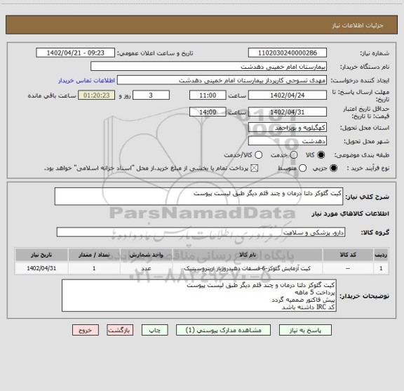 استعلام کیت گلوکز دلتا درمان و چند قلم دیگر طبق لیست پیوست