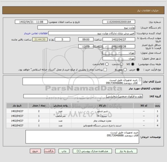 استعلام خرید تجهیزات طبق لیست 
آقای درودمند 09173046686