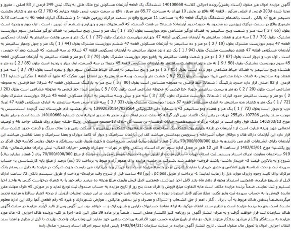 آگهی مزایده ششدانگ یک قطعه آپارتمان مسکونی نوع ملک طلق به پلاک ثبتی 249 فرعی از 83 اصلی ، مفروز و مجزا شده از203 فرعی از اصلی