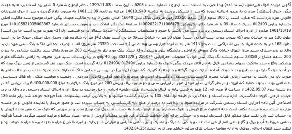 آگهی مزایده میزان 200 سهم مشاع از 23350 سهم ششدانگ ملک