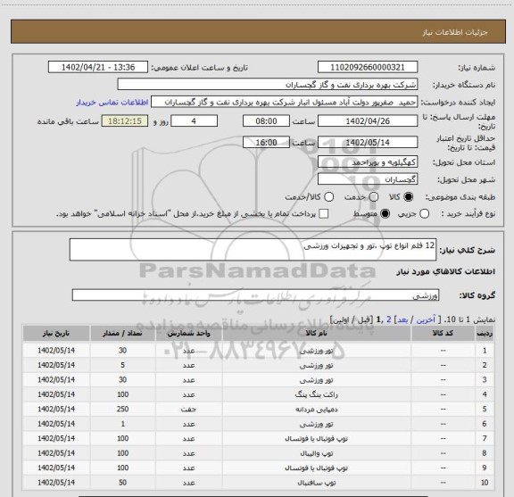 استعلام 12 فلم انواع توپ ،تور و تجهیزات ورزشی