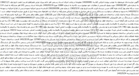 آگهی مزایده ششدانگ عرصه و اعیان یکباب ساختمان مسکونی نوساز