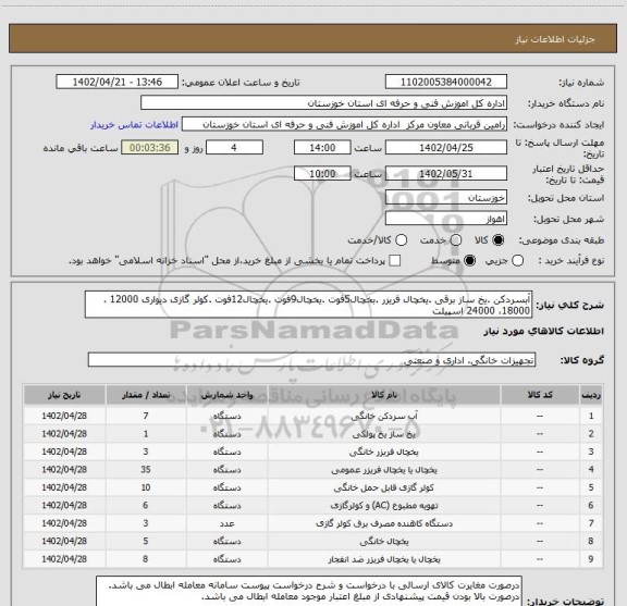 استعلام آبسردکن .یخ ساز برقی .یخچال فریزر .بخچال5فوت .یخچال9فوت .یخچال12فوت .کولر گازی دیواری 12000 ،18000، 24000 اسپیلت
