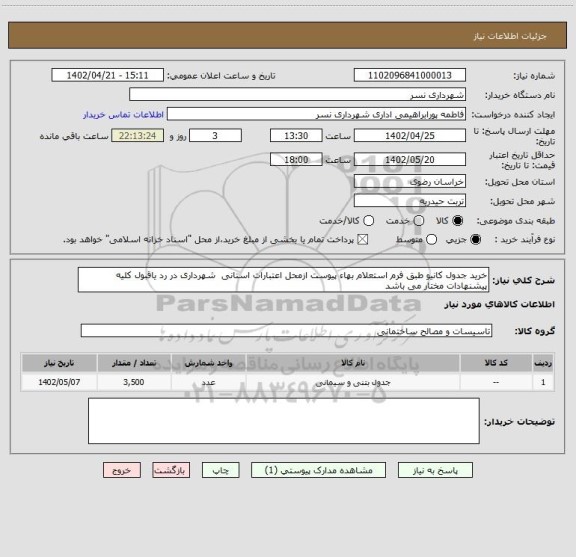 استعلام خرید جدول کانیو طبق فرم استعلام بهاء پیوست ازمحل اعتبارات استانی  شهرداری در رد یاقبول کلیه پیشنهادات مختار می باشد