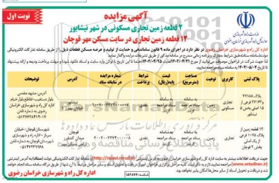 مزایده واگذاری 2 قطعه زمین تجاری مسکونی و 12 قطعه زمین تجاری در سایت مسکن مهر