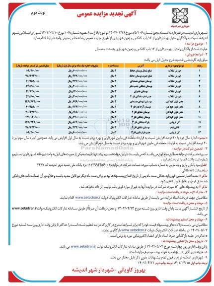 تجدید مزایده واگذاری امتیاز بهره برداری از 13 باب کانکس و زمین شهربازی به مدت سه سال - نوبت دوم