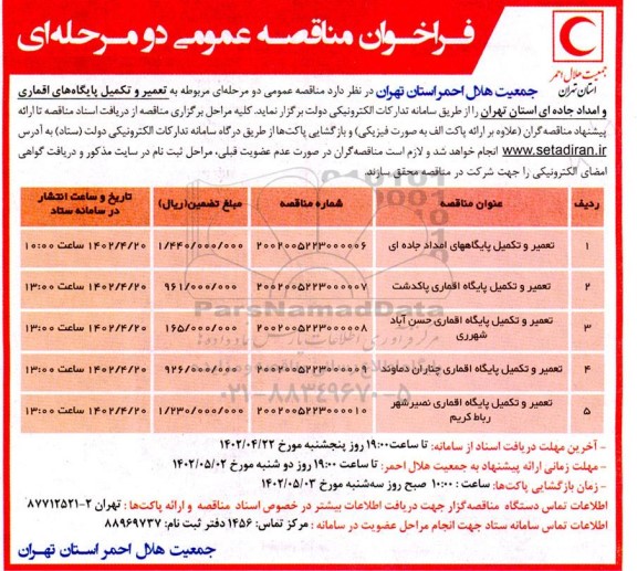 فراخوان مناقصه عمومی تعمیر و تکمیل پایگاه های امداد جاده ای و ...
