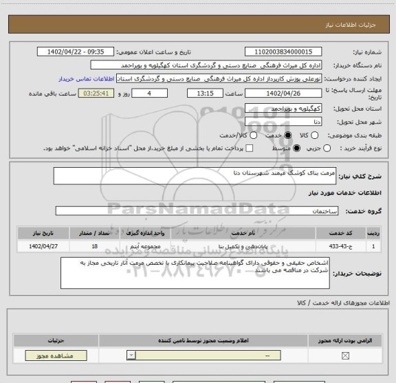 استعلام مرمت بنای کوشک میمند شهرستان دنا