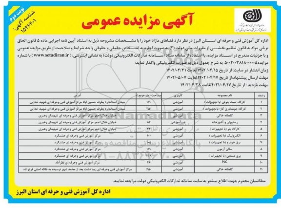 مزایده کارگاه تست جوش با تجهیزات و... نوبت دوم