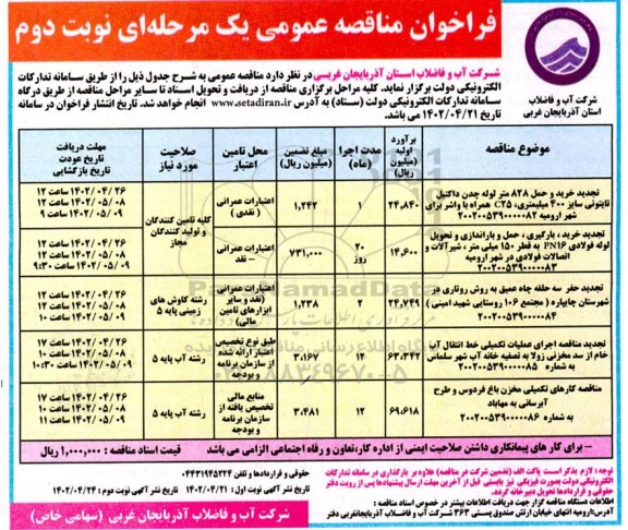 فراخوان مناقصه تجدید خرید و حمل 828 متر لوله چدن داکتیل  و...- نوبت دوم