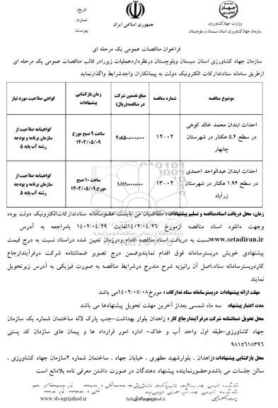 فراخوان مناقصات احداث ابندان محمد خالد کوهی ...