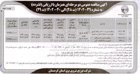 مناقصه مناقصه خرید 3000 دستگاه کنتور هوشمند سه فاز اتصال مستقیم  و...نوبت دوم 