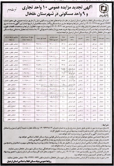 تجدید مزایده فروش 10 واحد تجاری و 9 واحد مسکونی