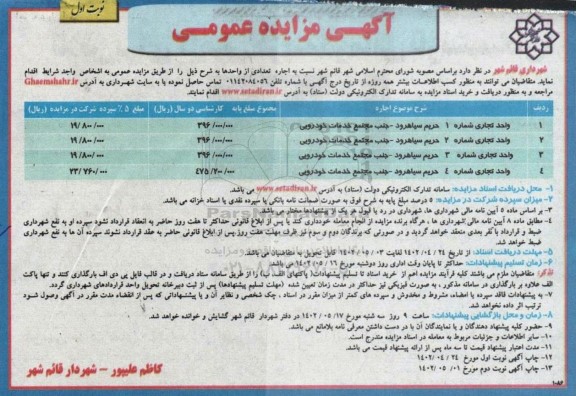 مزایده اجاره 4 واحد تجاری
