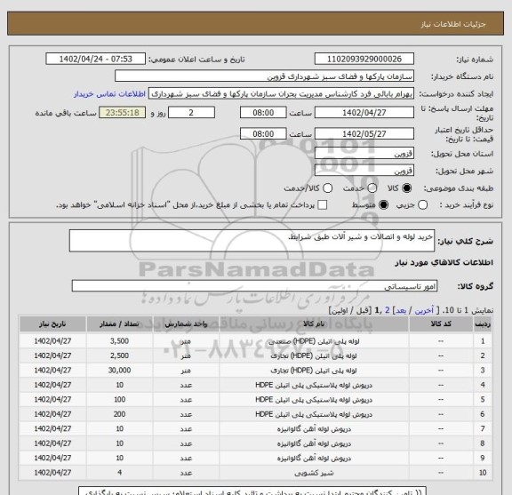 استعلام خرید لوله و اتصالات و شیر آلات طبق شرایط.