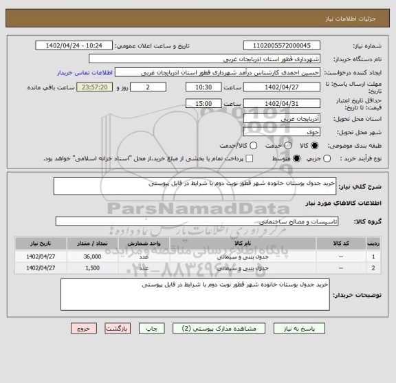 استعلام خرید جدول بوستان خانوده شهر قطور نوبت دوم با شرایط در فایل پیوستی