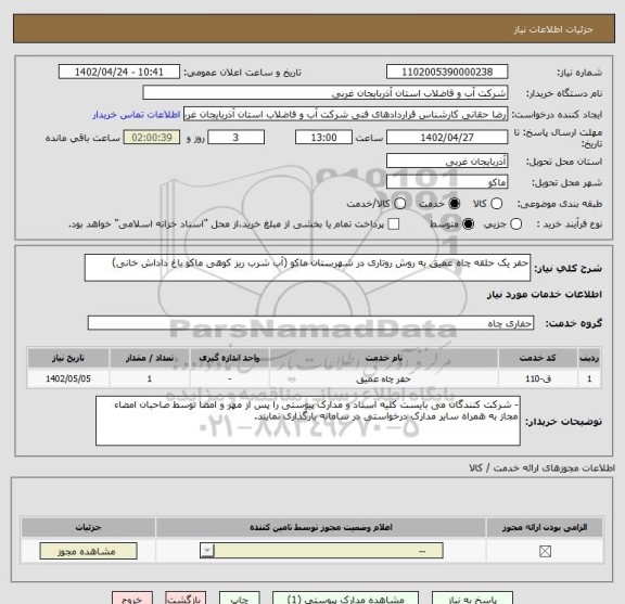 استعلام حفر یک حلقه چاه عمیق به روش روتاری در شهرستان ماکو (آب شرب ریز کوهی ماکو باغ داداش خانی)