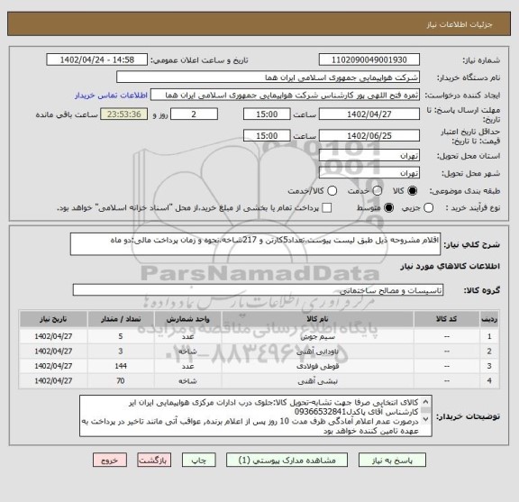 استعلام اقلام مشروحه ذیل طبق لیست پیوست،تعداد5کارتن و 217شاخه،نحوه و زمان پرداخت مالی:دو ماه