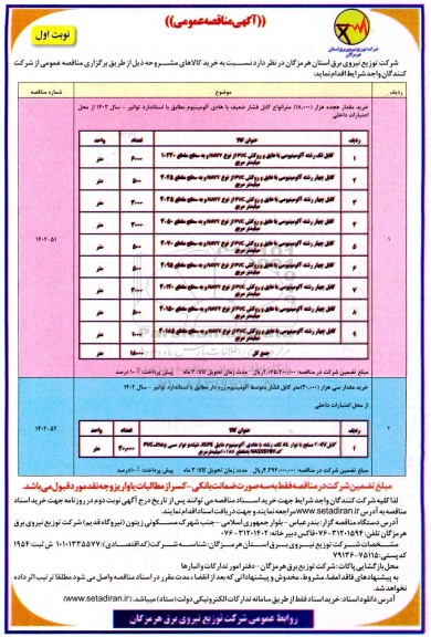 مناقصه کابل تک رشته آلومینیومی با عایق و روکش Pvc  ...