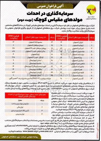 فراخوان عمومی سرمایه گذاری در احداث مولدهای مقیاس کوچک نوبت دوم 
