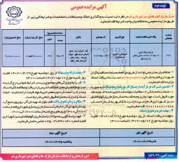 مزایده واگذاری املاک و مستغلات- نوبت دوم