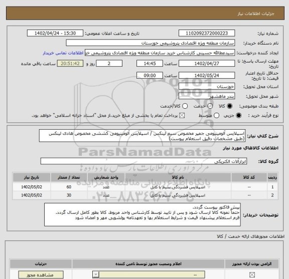 استعلام اسپلایس آلومینیومی جمپر مخصوص سیم لینکس / اسپلایس آلومینیومی کششی مخصوص هادی لینکس (طبق مشخصات دقیق استعلام پیوست)