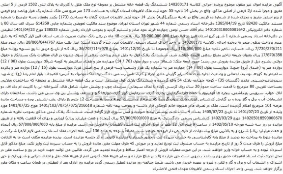 آگهی مزایده ششدانگ یک قطعه خانه مشتمل بر محوطه نوع ملک طلق با کاربری به پلاک ثبتی 1502 فرعی از 5 اصلی