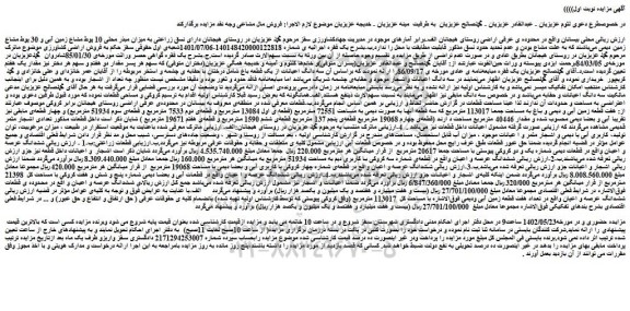 مزایده فروش سه دانگ اعیانات از یک قطعه باغ شامل درختان با حقابه ی چشمه و استخر مربوطه