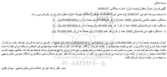 مزایده فروش دستگیره سفیدو طلایی پلاستیکی 1000 عدد و...