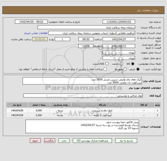 استعلام کیک های بای وانیلی شیرین عسل 5000 عدد
بیسکویت نان روغنی 5000 عدد