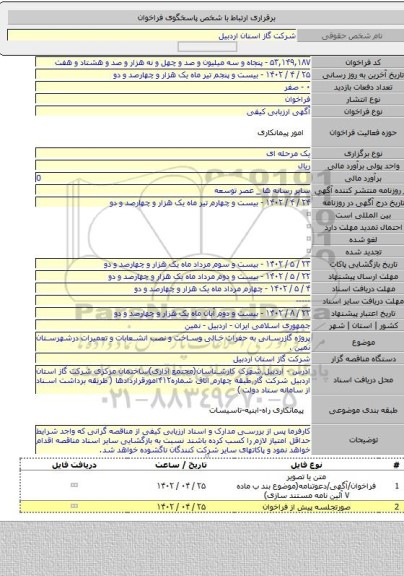 مناقصه, پروژه گازرسانی به حفرات خالی وساخت و نصب انشعابات و تعمیرات درشهرستان نمین .