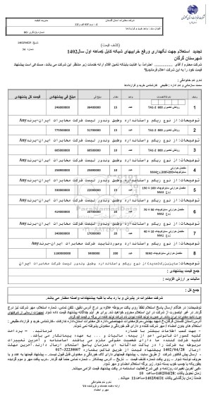 استعلام نگهداری و رفع خرابیهای شبکه کابل 6 ماهه اول تجدید