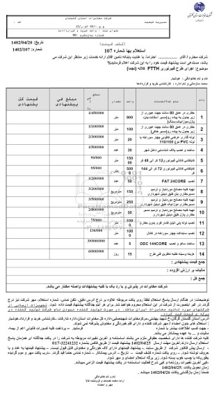 استعلام اجرای طرح فیبرنوری FTTH