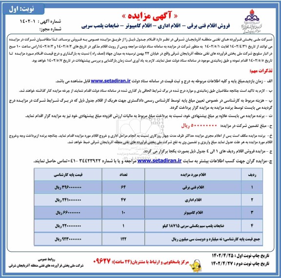 مزایده، مزایده فروش اقلام فنی برقی - اقلام اداری - اقلام کامپیوتر