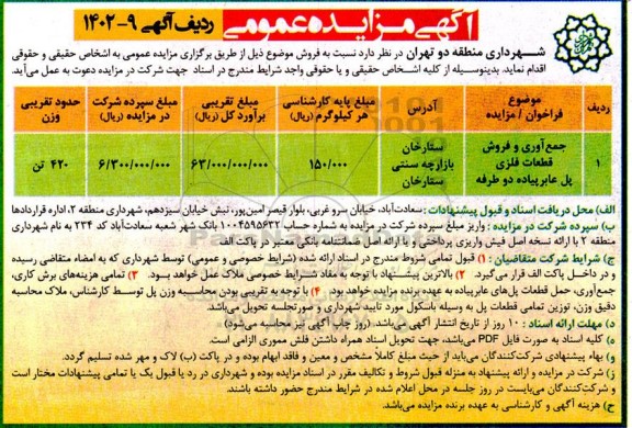 مزایده جمع آوری و فروش قطعات فلزی پل عابر پیاده دو طرفه