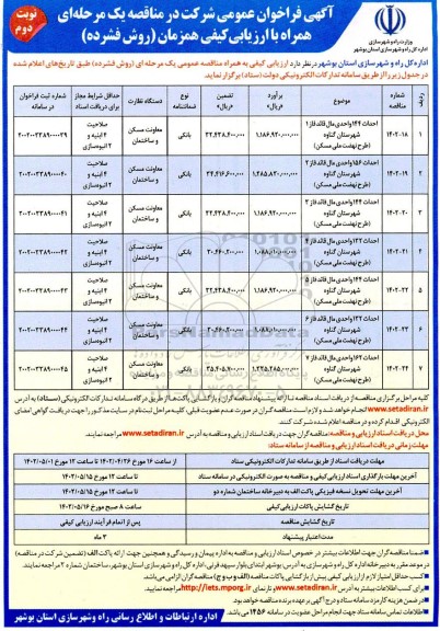 مناقصه احداث 144 واحدی ...- نوبت دوم