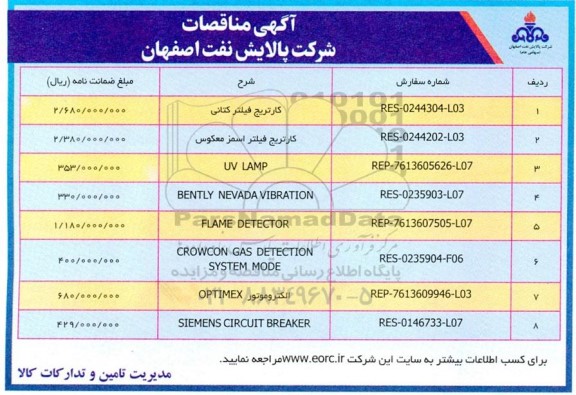 مناقصه کاتریج فیلتر کتانی ..