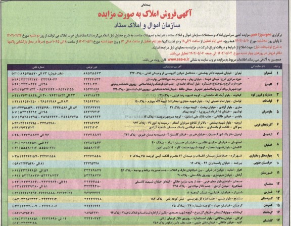 مزایده برگزاری صد و نوزدهمین املاک و مستغلات 