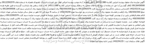 آگهی مزایده حق امتیاز و اشتراک تلفنهای همراه به شماره های 09122592579 و 09126459508