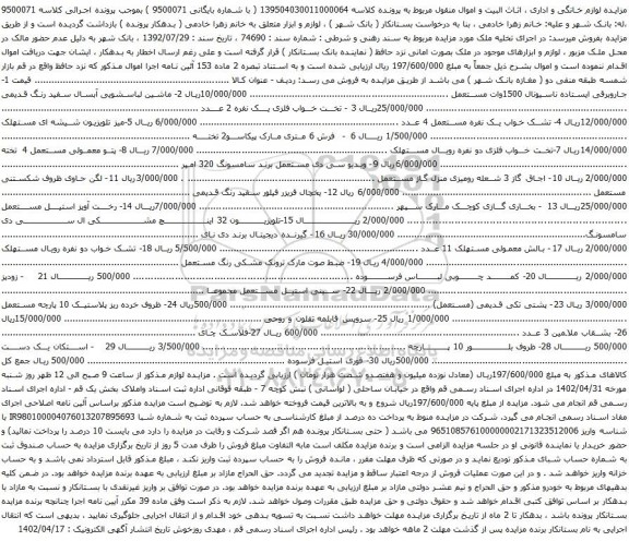 آگهی مزایده جاروبرقی ایستاده ناسیونال 1500وات مستعمل و غیره .....