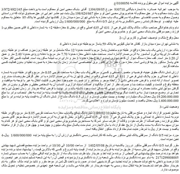 مزایده ملک به پلاک ثبتی فرعی از 631 الی 635 اصلی